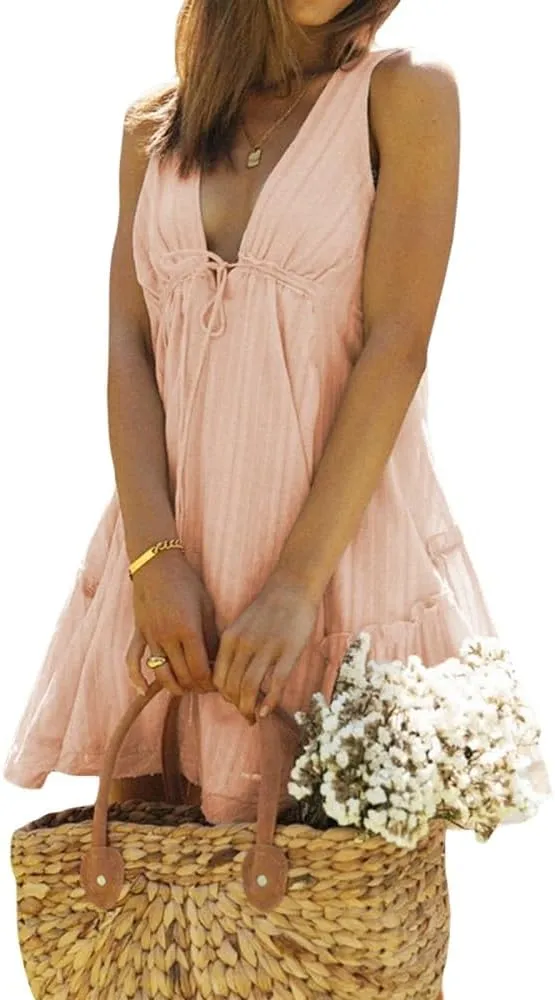Women V Neck Loose Mini Dress Boho Flowy Tiered Babydoll Sundress Y2K Sleeveless Going Out Dresses
