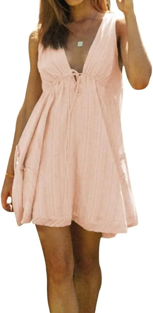 Women V Neck Loose Mini Dress Boho Flowy Tiered Babydoll Sundress Y2K Sleeveless Going Out Dresses