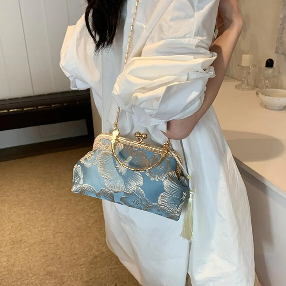 Women Vintag Evening Purse Bags, Chinese Style Top Handle Handbag, Embroidered Crossbody Shoulder Bag with Chain Stra
