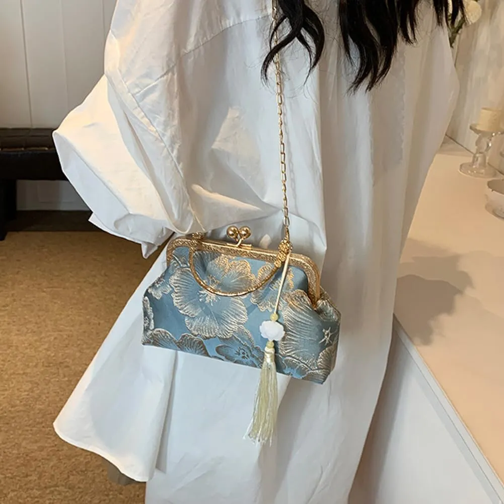 Women Vintag Evening Purse Bags, Chinese Style Top Handle Handbag, Embroidered Crossbody Shoulder Bag with Chain Stra