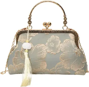 Women Vintag Evening Purse Bags, Chinese Style Top Handle Handbag, Embroidered Crossbody Shoulder Bag with Chain Stra