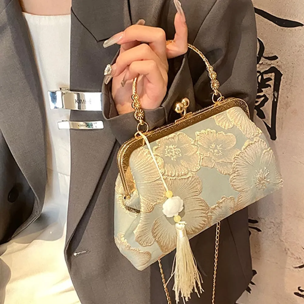Women Vintag Evening Purse Bags, Chinese Style Top Handle Handbag, Embroidered Crossbody Shoulder Bag with Chain Stra