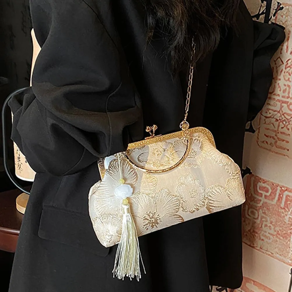 Women Vintag Evening Purse Bags, Chinese Style Top Handle Handbag, Embroidered Crossbody Shoulder Bag with Chain Stra