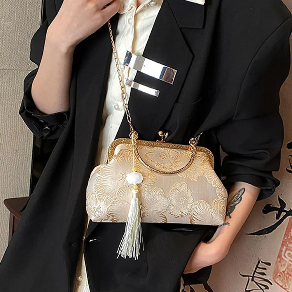 Women Vintag Evening Purse Bags, Chinese Style Top Handle Handbag, Embroidered Crossbody Shoulder Bag with Chain Stra
