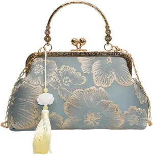 Women Vintag Evening Purse Bags, Chinese Style Top Handle Handbag, Embroidered Crossbody Shoulder Bag with Chain Stra