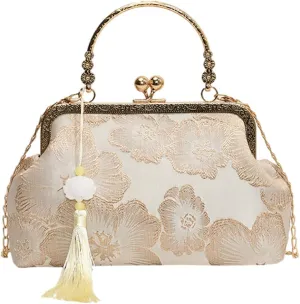 Women Vintag Evening Purse Bags, Chinese Style Top Handle Handbag, Embroidered Crossbody Shoulder Bag with Chain Stra