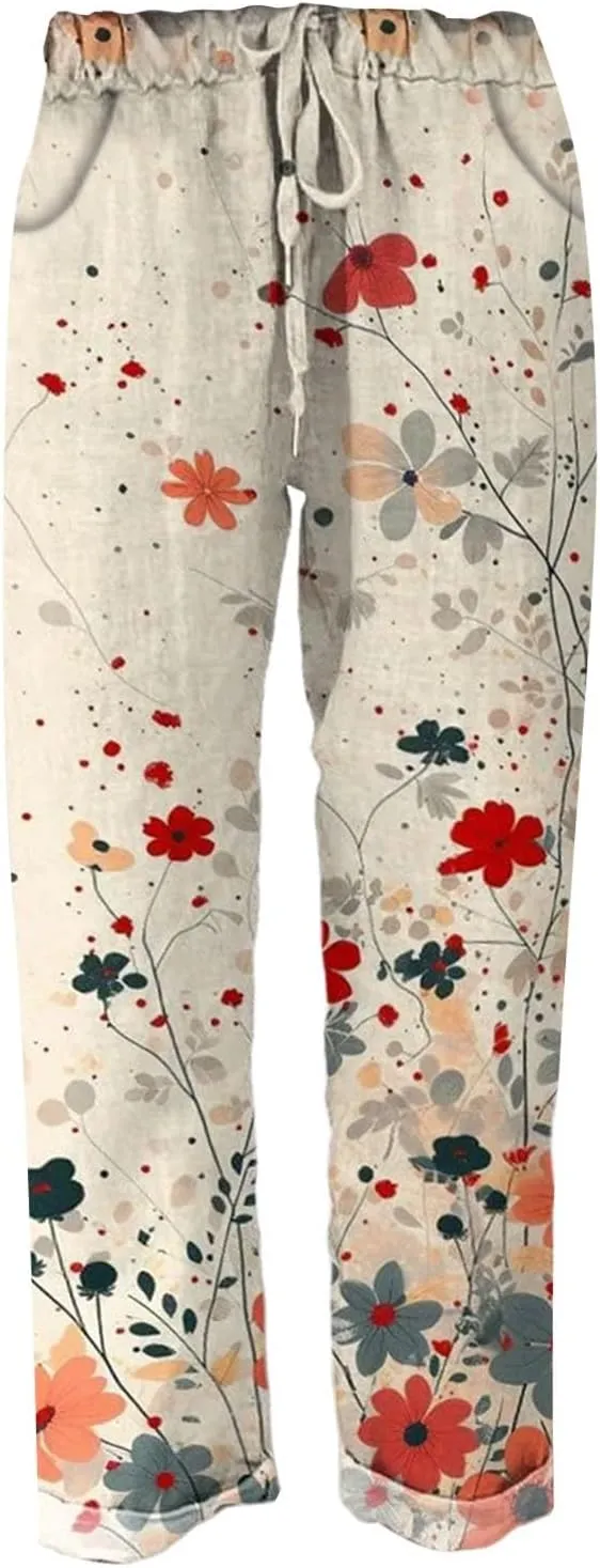 Women Vintage Cotton Linen Drawstring Straight Leg Pants Woodland Animals Floral Pattern Baggy Trousers with Pockets