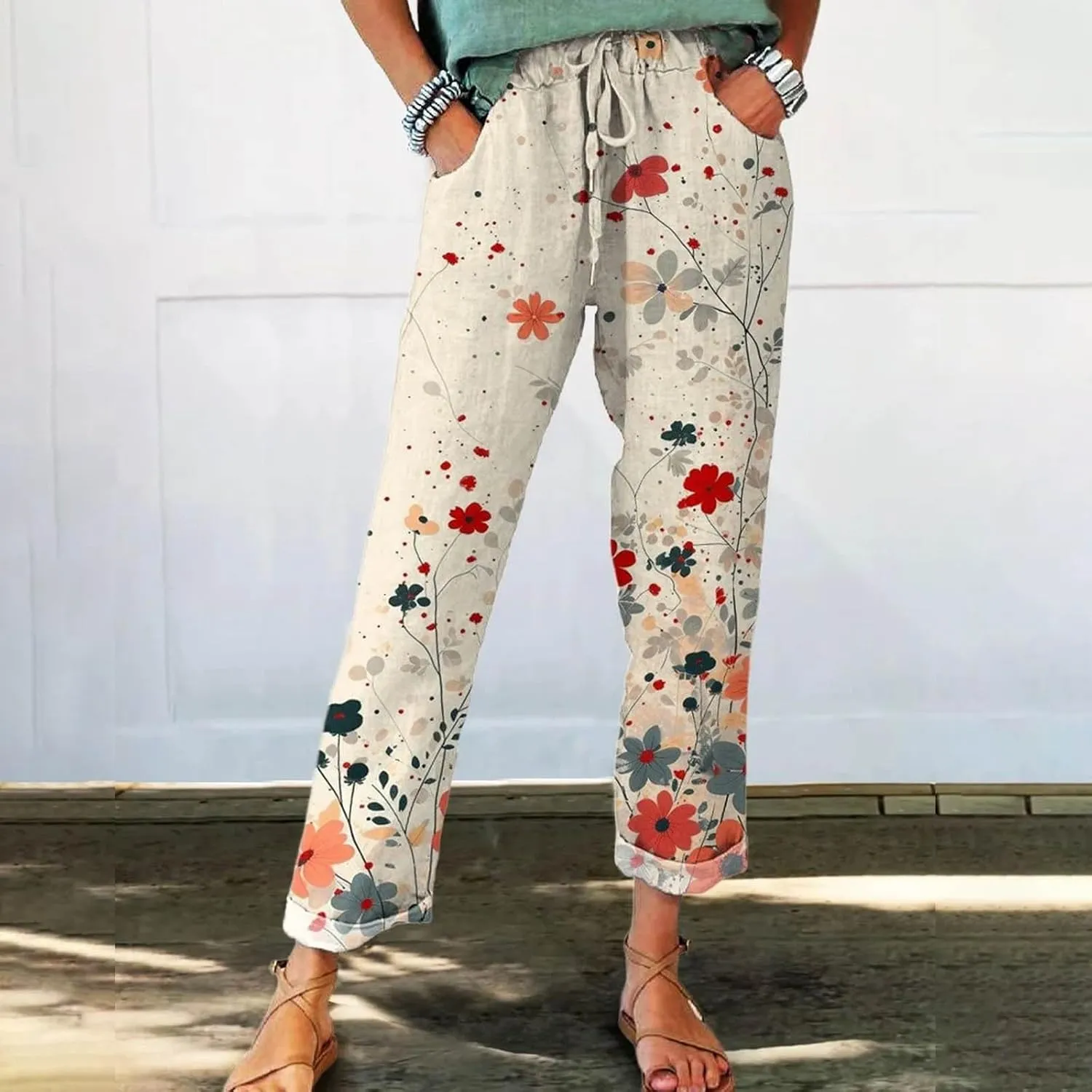 Women Vintage Cotton Linen Drawstring Straight Leg Pants Woodland Animals Floral Pattern Baggy Trousers with Pockets