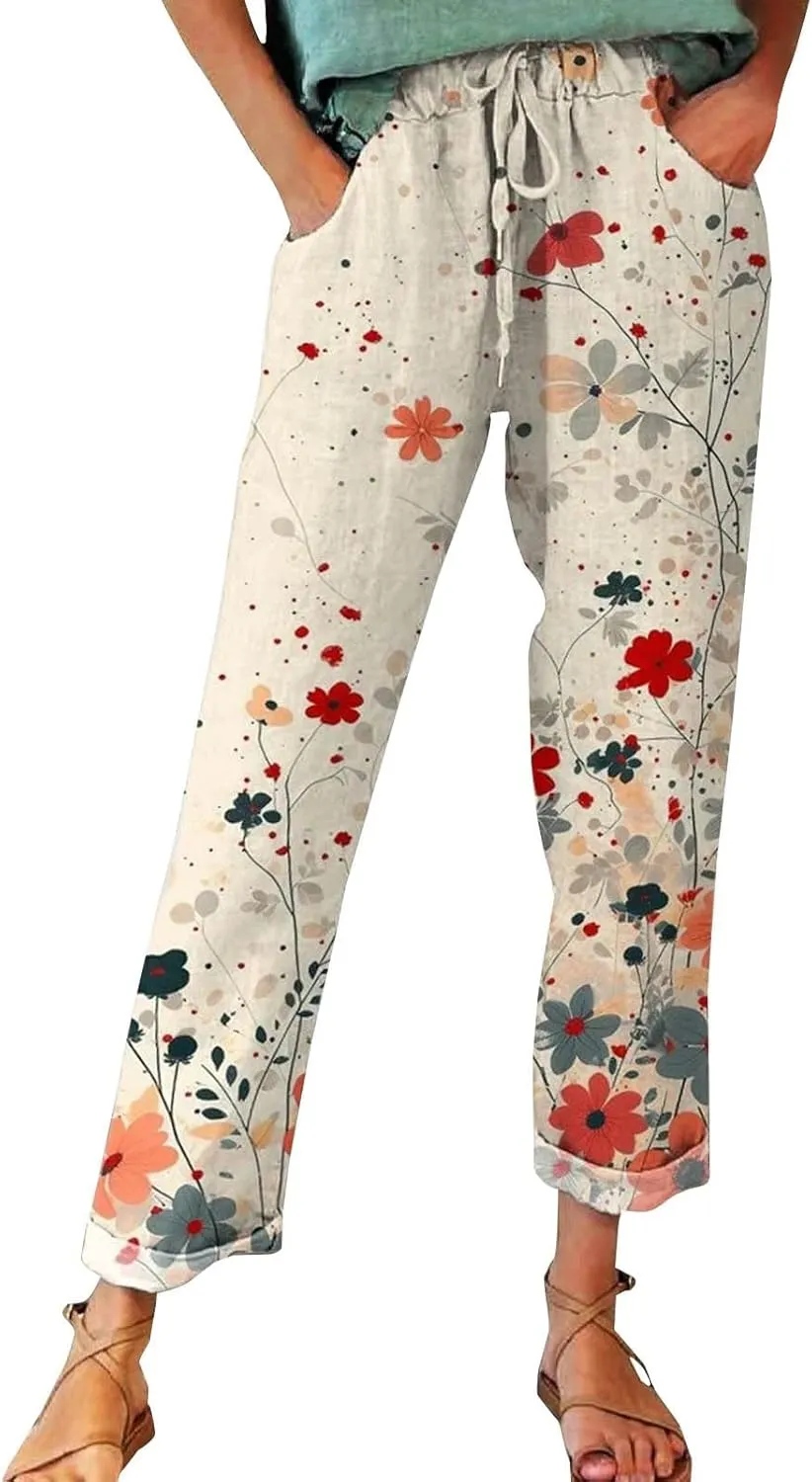 Women Vintage Cotton Linen Drawstring Straight Leg Pants Woodland Animals Floral Pattern Baggy Trousers with Pockets