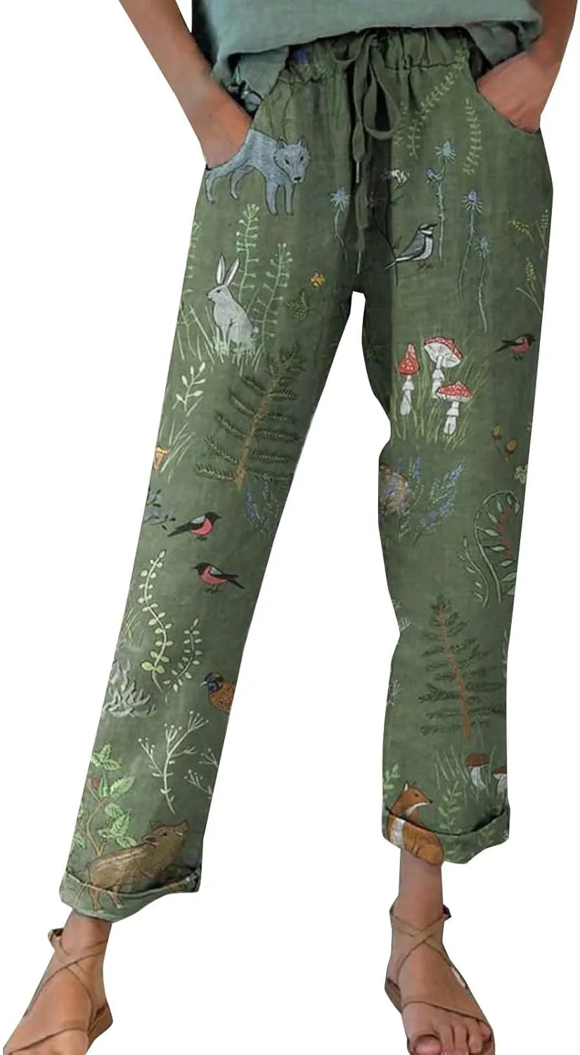 Women Vintage Cotton Linen Drawstring Straight Leg Pants Woodland Animals Floral Pattern Baggy Trousers with Pockets