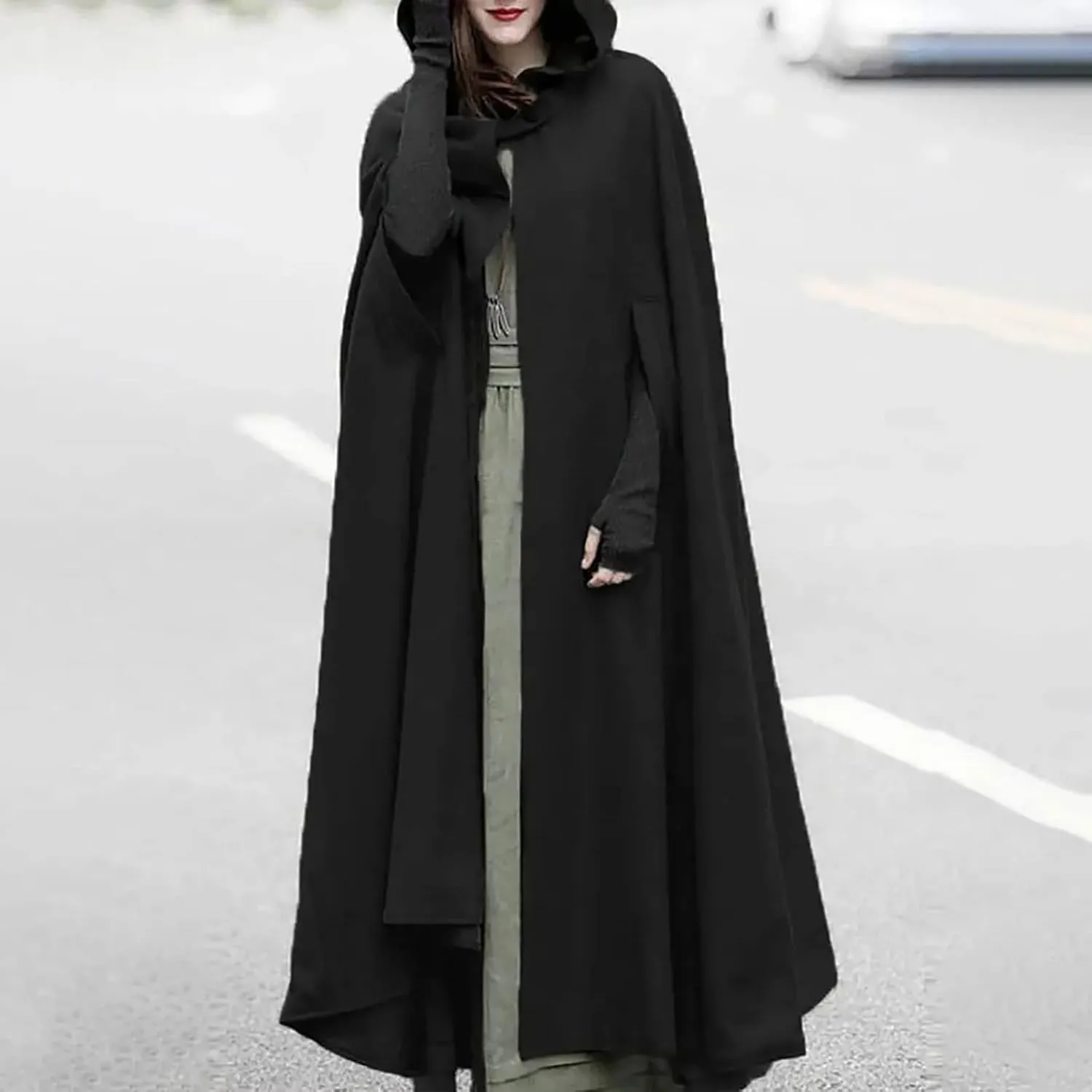 Women Winter Long Cape Coat Renaissance Victorian Jacket Cloak Hood Vintage Casual Robes Cosplay Halloween Costume