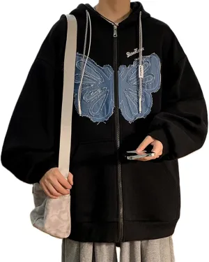 Women Y2k Butterfly Zip Up Hoodie Cute Graphic Oversized Hooded Sweatshirt Teen Girls Grunge Aesthetic Jacket