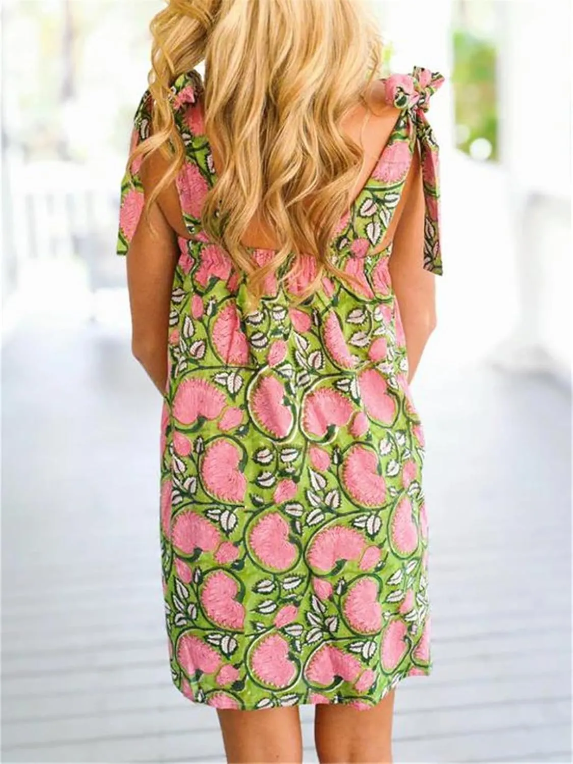 Women Y2K Tie Shoulder Mini Dress Square Neck Sleeveless Babydoll Ruffle Short Dress Loose Fit Boho Flowy Sundress
