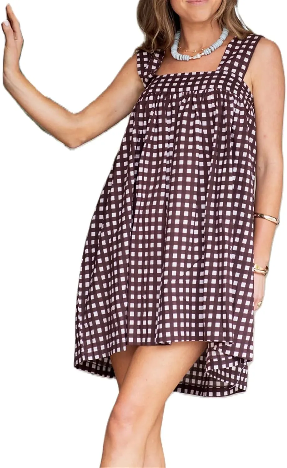 Women Y2K Tie Shoulder Mini Dress Square Neck Sleeveless Babydoll Ruffle Short Dress Loose Fit Boho Flowy Sundress