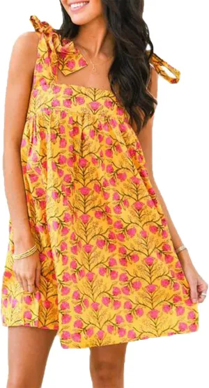 Women Y2K Tie Shoulder Mini Dress Square Neck Sleeveless Babydoll Ruffle Short Dress Loose Fit Boho Flowy Sundress