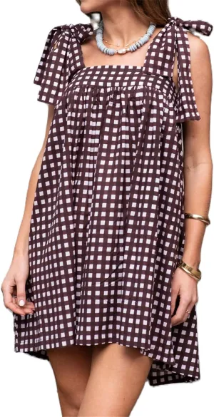 Women Y2K Tie Shoulder Mini Dress Square Neck Sleeveless Babydoll Ruffle Short Dress Loose Fit Boho Flowy Sundress