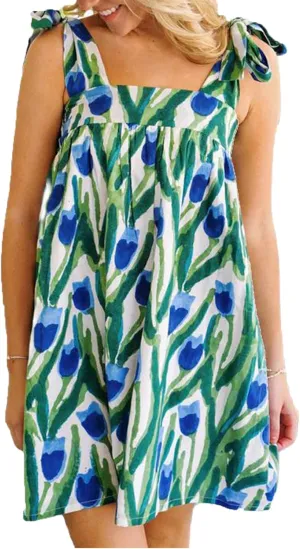 Women Y2K Tie Shoulder Mini Dress Square Neck Sleeveless Babydoll Ruffle Short Dress Loose Fit Boho Flowy Sundress