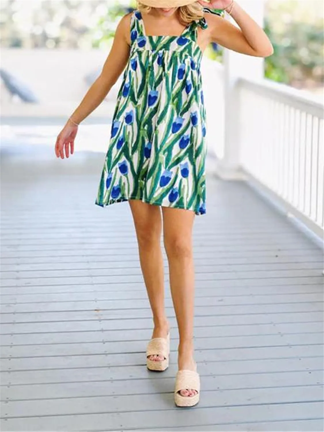 Women Y2K Tie Shoulder Mini Dress Square Neck Sleeveless Babydoll Ruffle Short Dress Loose Fit Boho Flowy Sundress