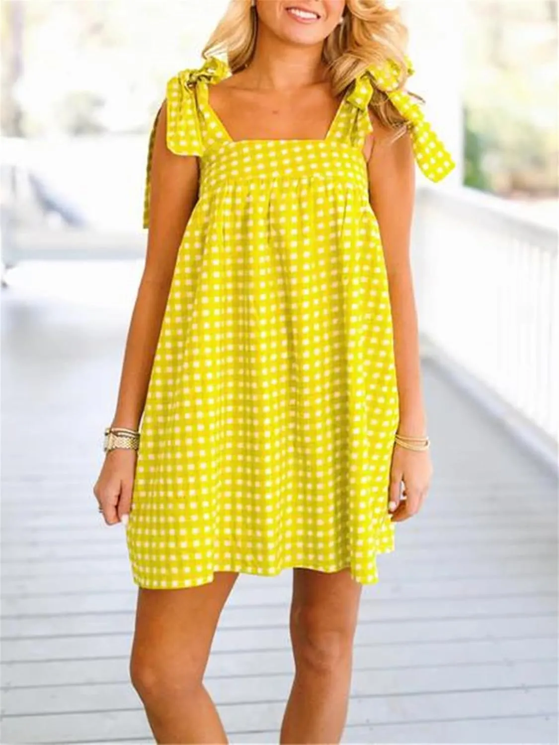 Women Y2K Tie Shoulder Mini Dress Square Neck Sleeveless Babydoll Ruffle Short Dress Loose Fit Boho Flowy Sundress