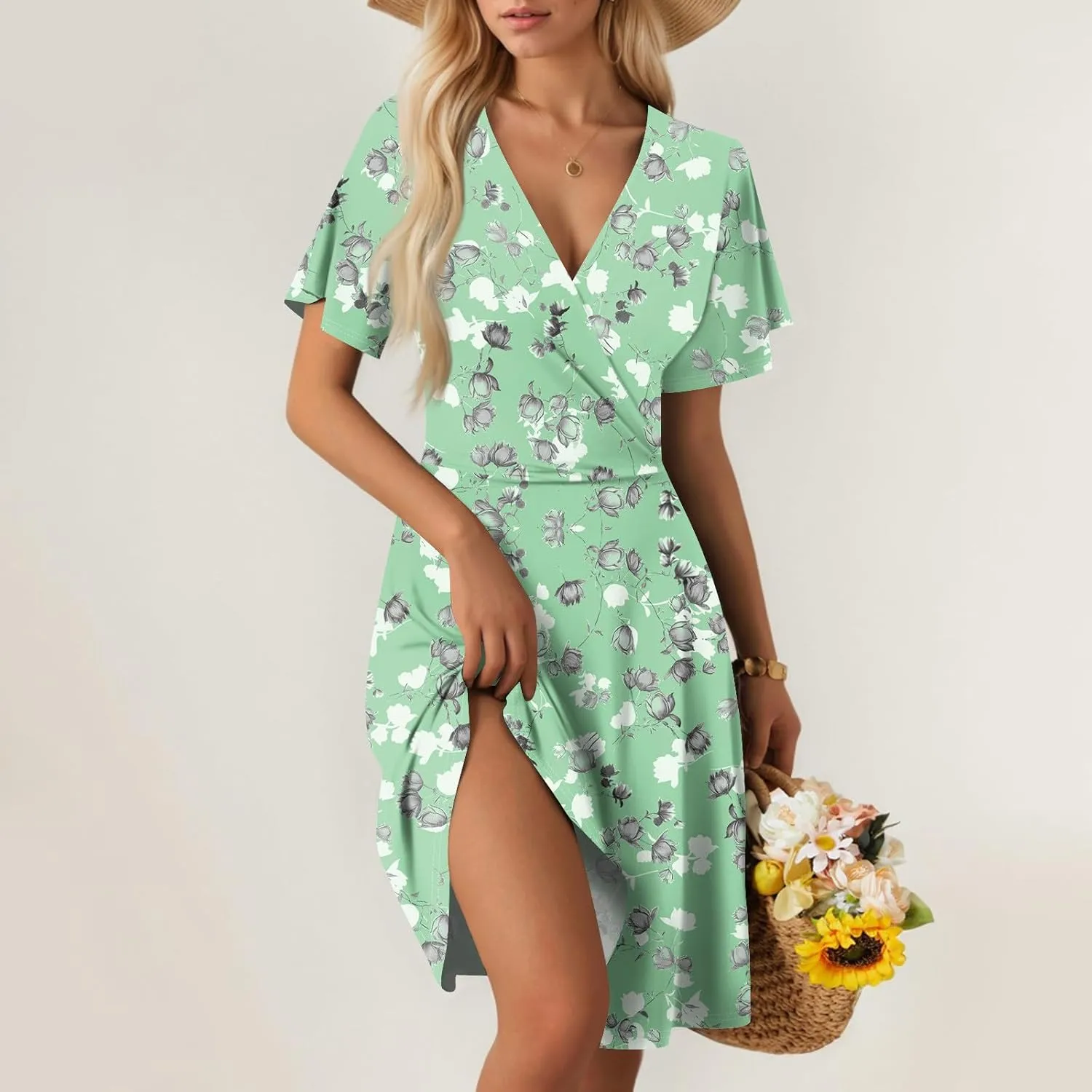 Womens 2025 Floral V-Neck Maxi Dresses Sexy Deep Cut Summer Dress Casual Beach Sundress for Vacation Garden Parties