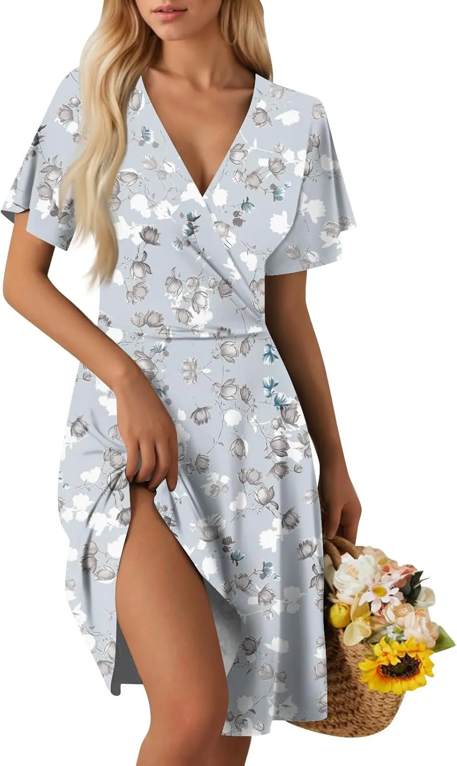 Womens 2025 Floral V-Neck Maxi Dresses Sexy Deep Cut Summer Dress Casual Beach Sundress for Vacation Garden Parties