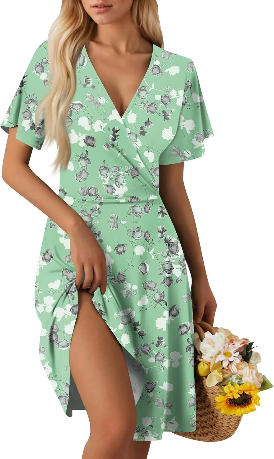 Womens 2025 Floral V-Neck Maxi Dresses Sexy Deep Cut Summer Dress Casual Beach Sundress for Vacation Garden Parties