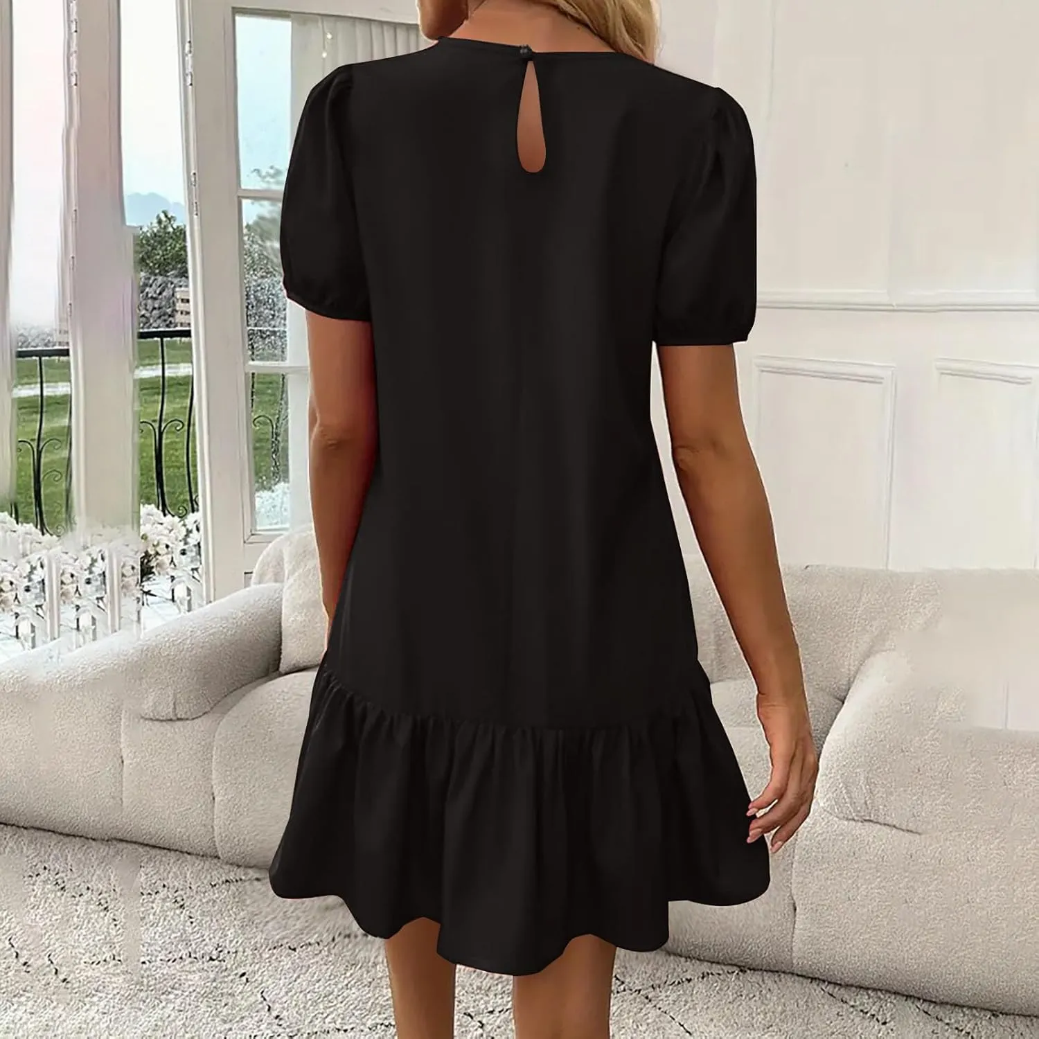 Women's 2025 Summer Boho Mini Dress Puff Short Sleeve Ruffle Hem Smock Dress Casual Round Neck Solid A-Line Sun Dress