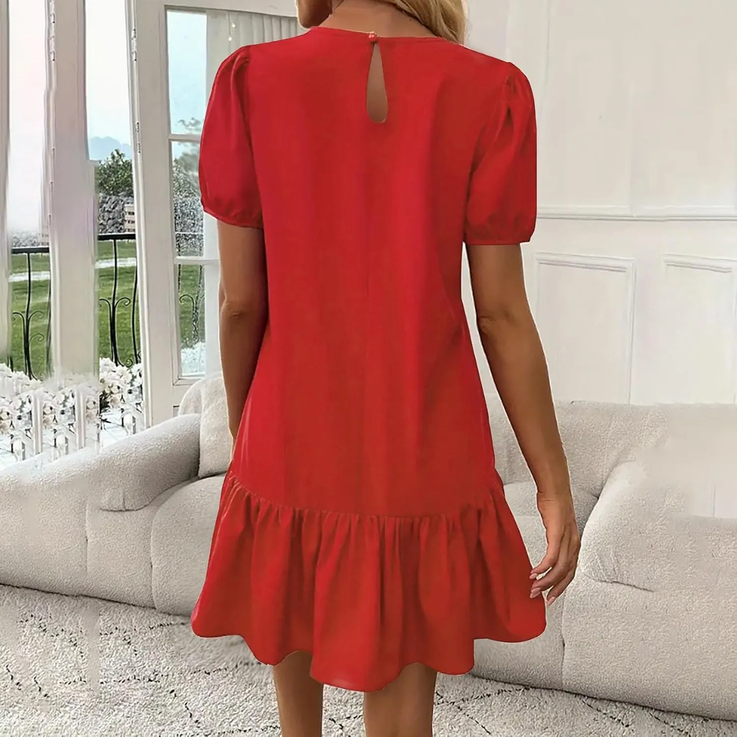 Women's 2025 Summer Boho Mini Dress Puff Short Sleeve Ruffle Hem Smock Dress Casual Round Neck Solid A-Line Sun Dress