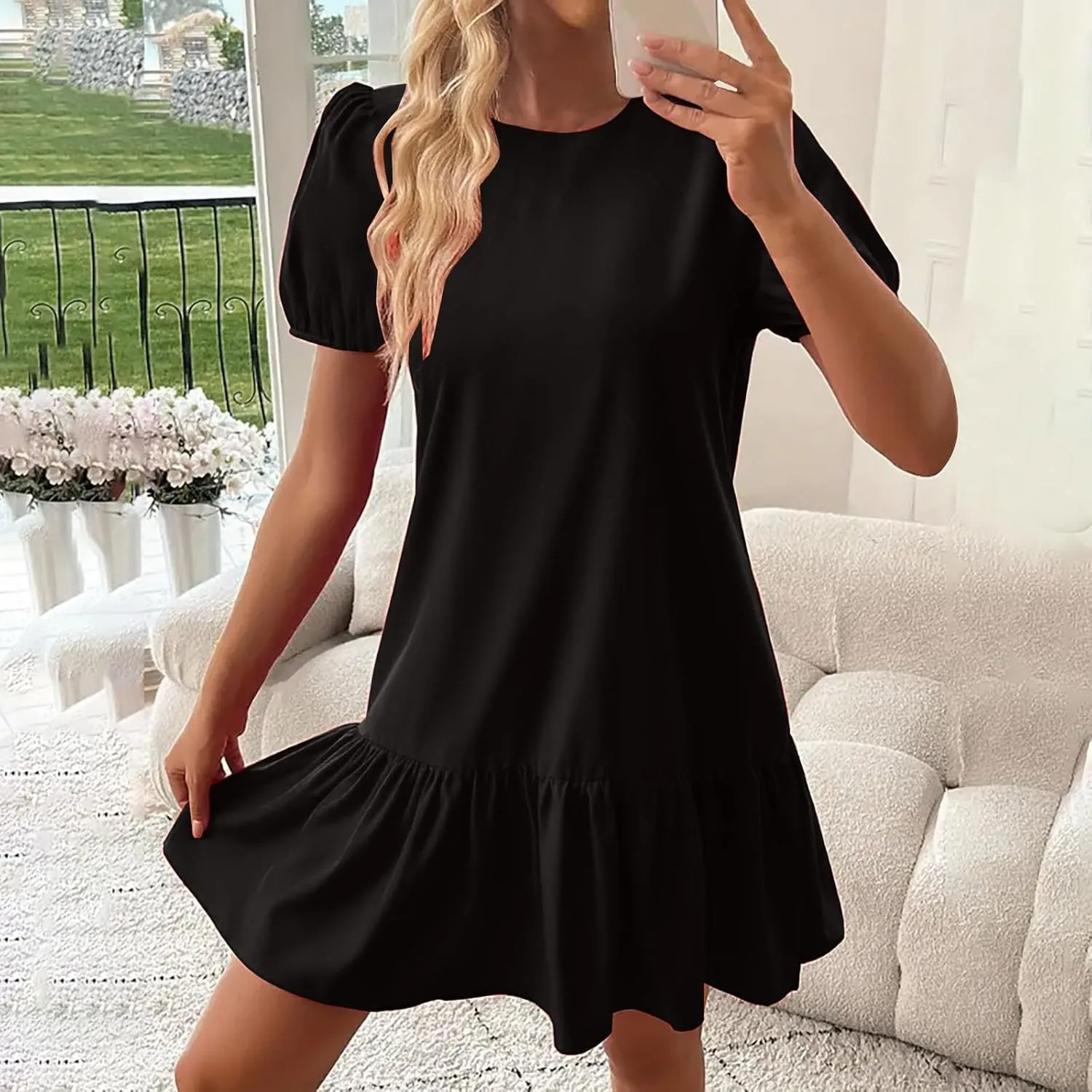 Women's 2025 Summer Boho Mini Dress Puff Short Sleeve Ruffle Hem Smock Dress Casual Round Neck Solid A-Line Sun Dress