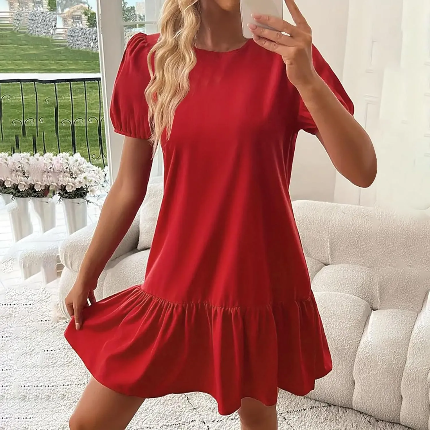 Women's 2025 Summer Boho Mini Dress Puff Short Sleeve Ruffle Hem Smock Dress Casual Round Neck Solid A-Line Sun Dress