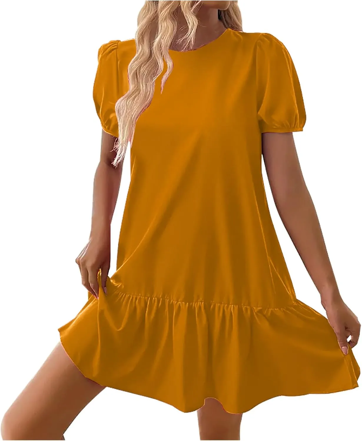 Women's 2025 Summer Boho Mini Dress Puff Short Sleeve Ruffle Hem Smock Dress Casual Round Neck Solid A-Line Sun Dress