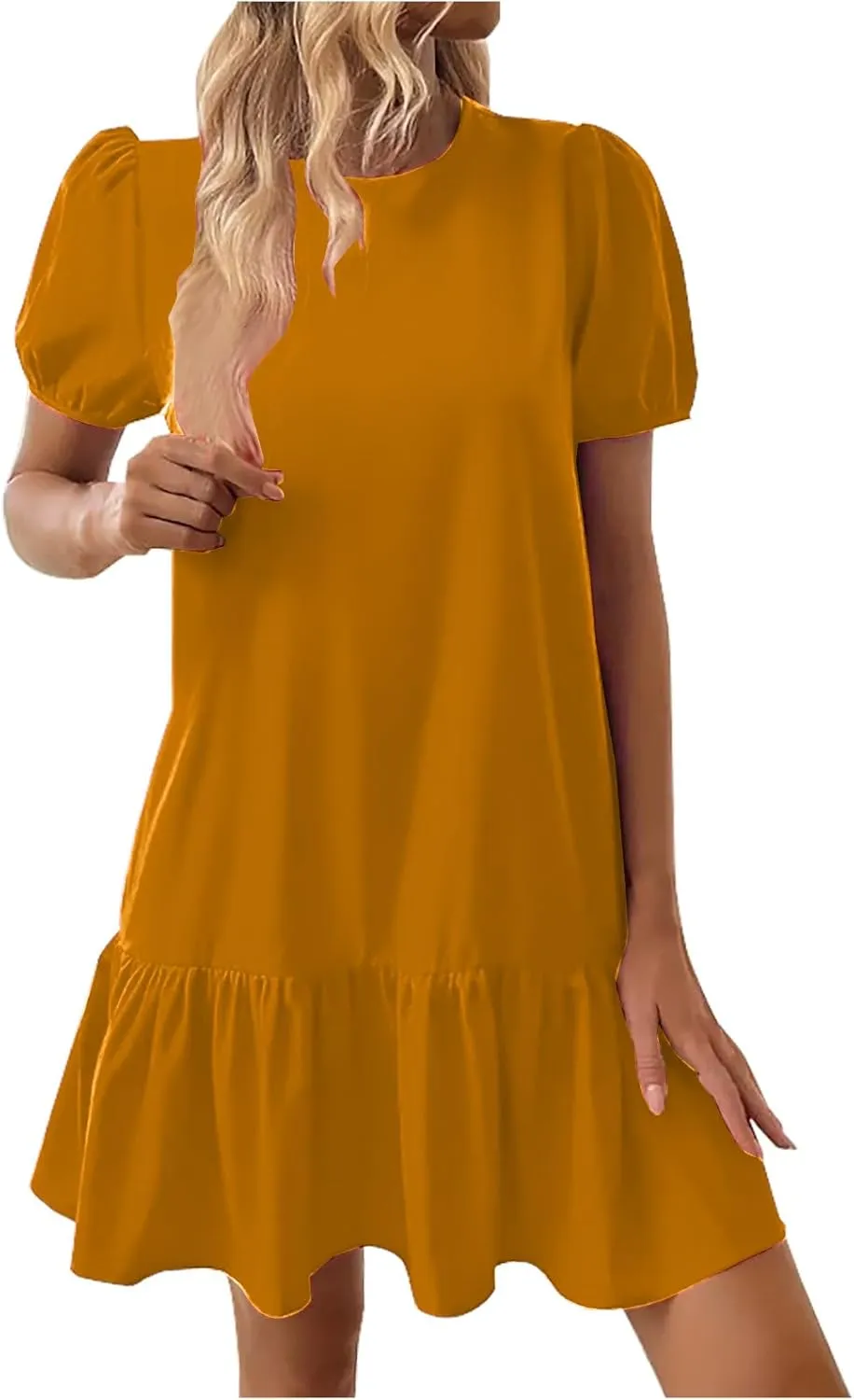 Women's 2025 Summer Boho Mini Dress Puff Short Sleeve Ruffle Hem Smock Dress Casual Round Neck Solid A-Line Sun Dress