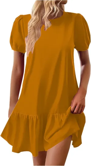 Women's 2025 Summer Boho Mini Dress Puff Short Sleeve Ruffle Hem Smock Dress Casual Round Neck Solid A-Line Sun Dress