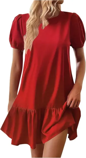 Women's 2025 Summer Boho Mini Dress Puff Short Sleeve Ruffle Hem Smock Dress Casual Round Neck Solid A-Line Sun Dress