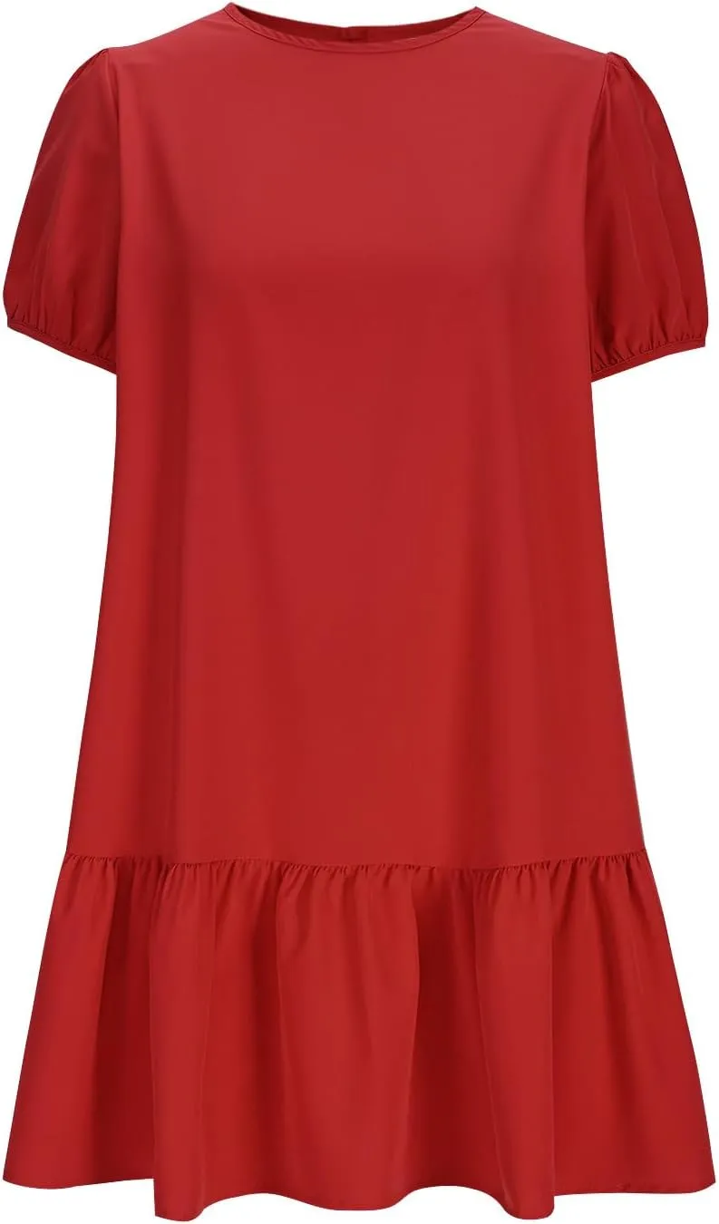 Women's 2025 Summer Boho Mini Dress Puff Short Sleeve Ruffle Hem Smock Dress Casual Round Neck Solid A-Line Sun Dress