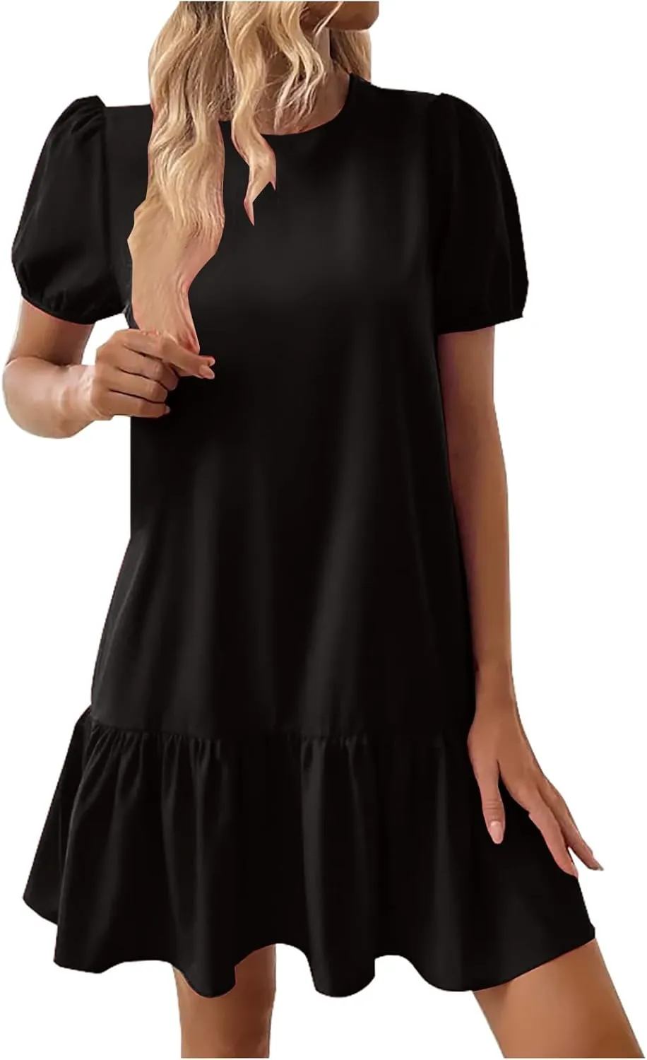 Women's 2025 Summer Boho Mini Dress Puff Short Sleeve Ruffle Hem Smock Dress Casual Round Neck Solid A-Line Sun Dress