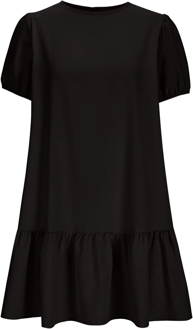 Women's 2025 Summer Boho Mini Dress Puff Short Sleeve Ruffle Hem Smock Dress Casual Round Neck Solid A-Line Sun Dress