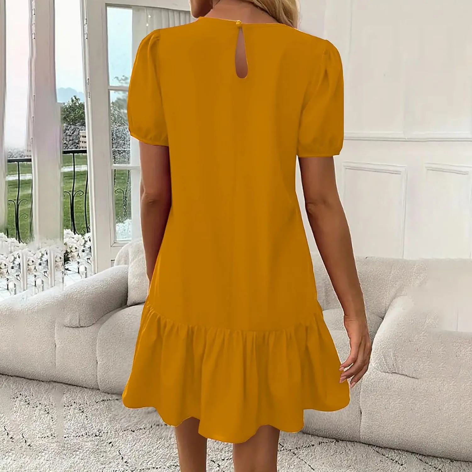 Women's 2025 Summer Boho Mini Dress Puff Short Sleeve Ruffle Hem Smock Dress Casual Round Neck Solid A-Line Sun Dress