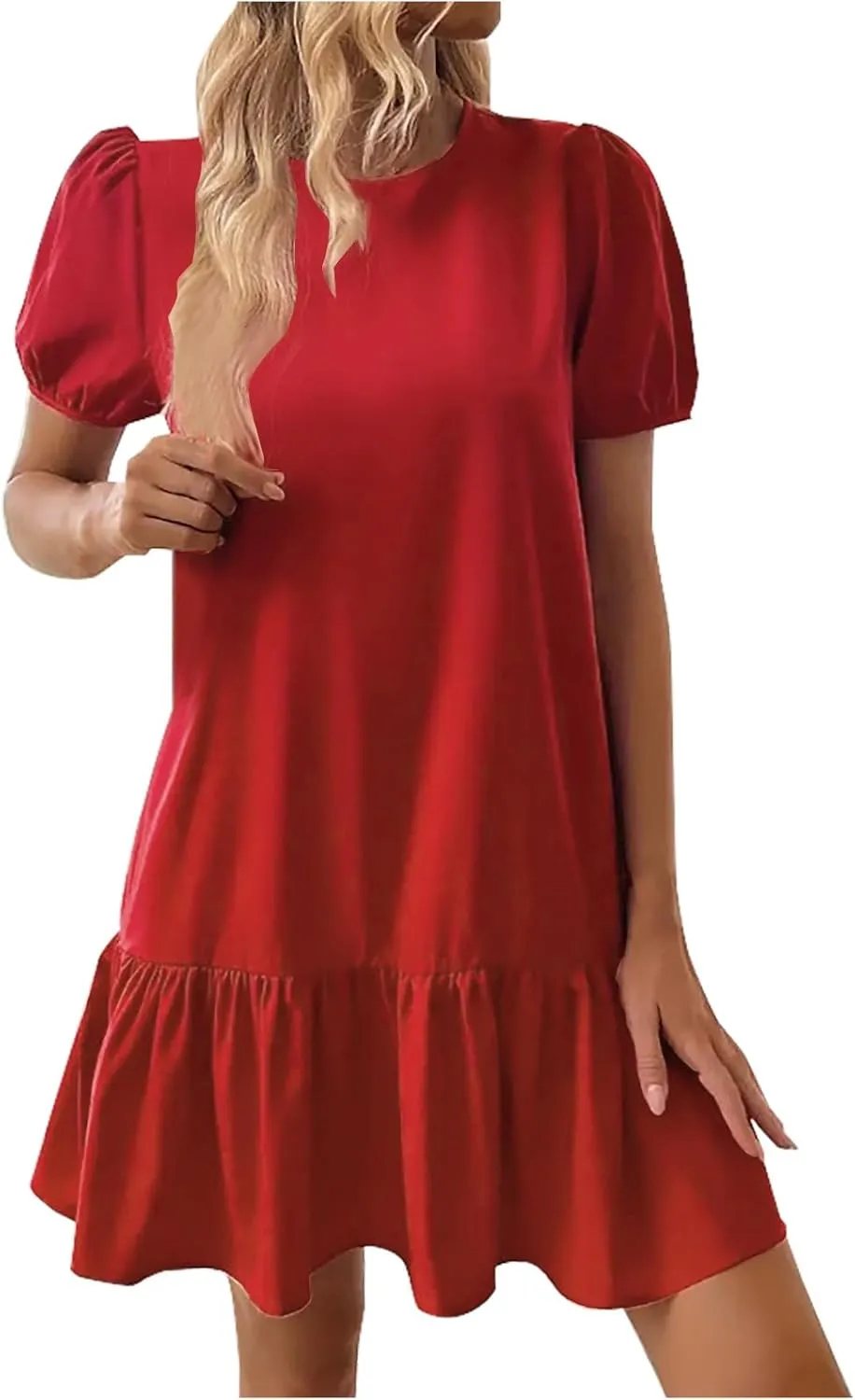 Women's 2025 Summer Boho Mini Dress Puff Short Sleeve Ruffle Hem Smock Dress Casual Round Neck Solid A-Line Sun Dress
