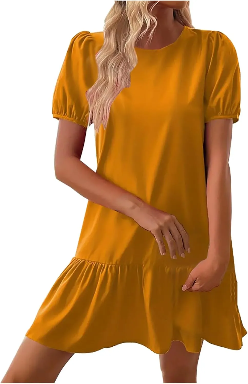 Women's 2025 Summer Boho Mini Dress Puff Short Sleeve Ruffle Hem Smock Dress Casual Round Neck Solid A-Line Sun Dress