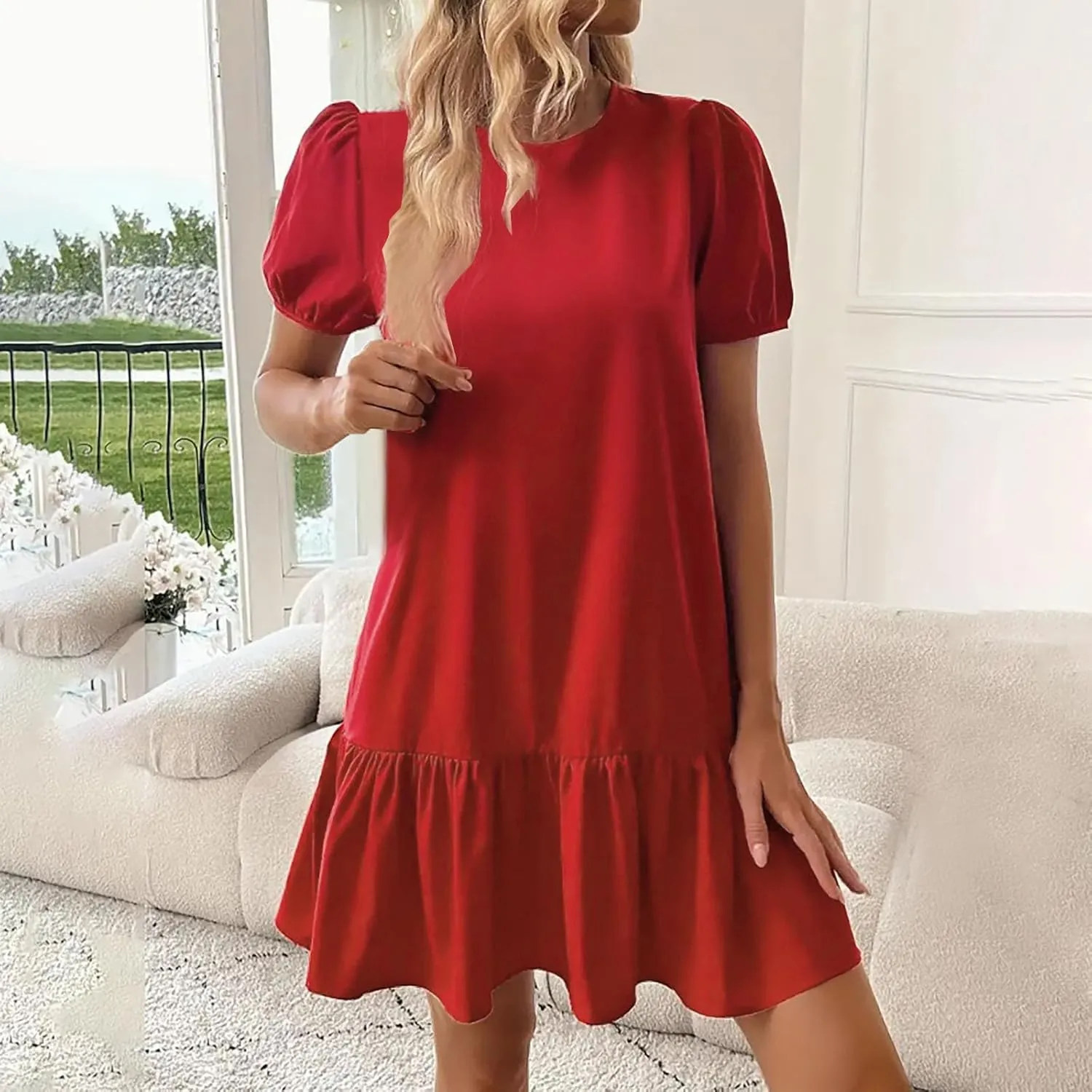 Women's 2025 Summer Boho Mini Dress Puff Short Sleeve Ruffle Hem Smock Dress Casual Round Neck Solid A-Line Sun Dress