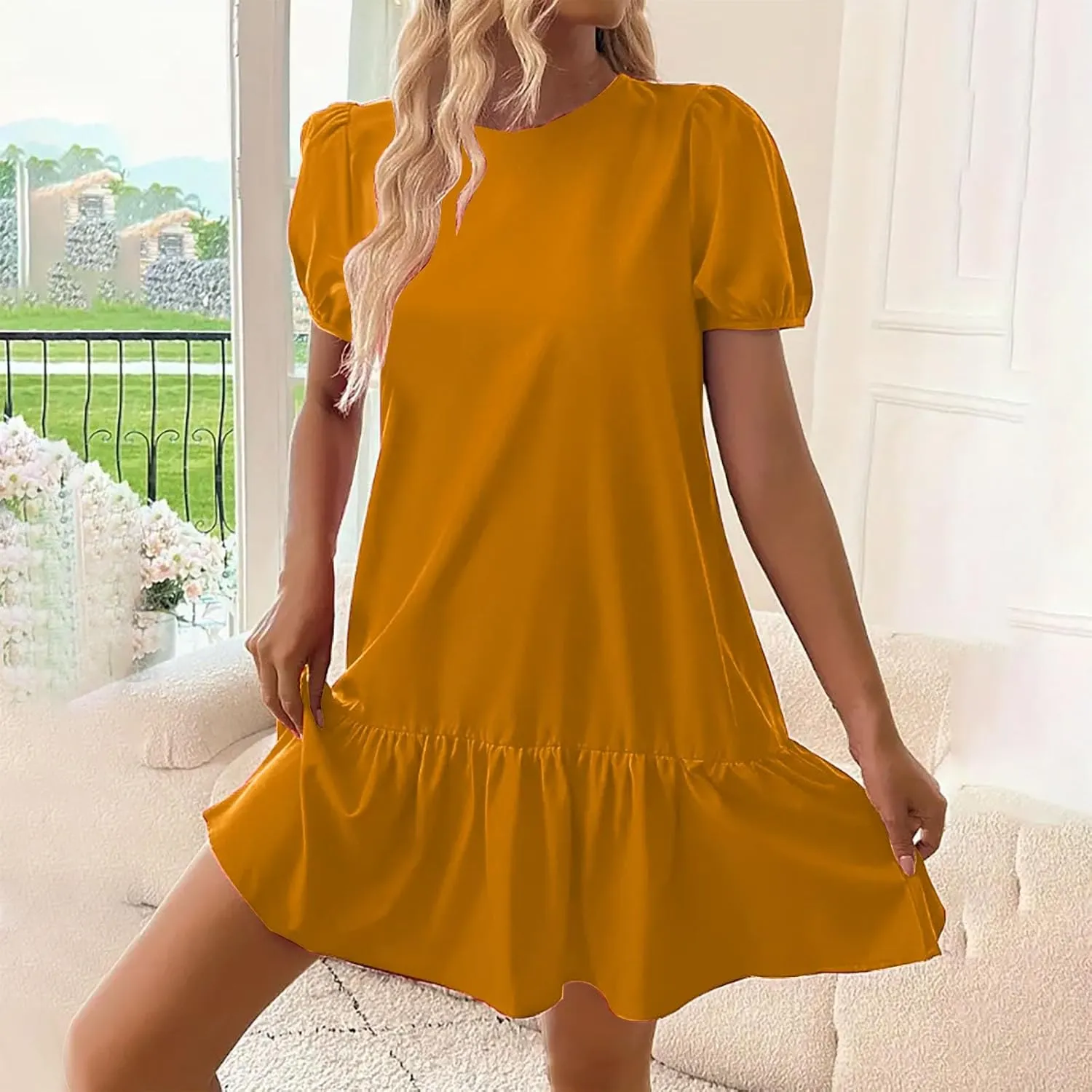 Women's 2025 Summer Boho Mini Dress Puff Short Sleeve Ruffle Hem Smock Dress Casual Round Neck Solid A-Line Sun Dress
