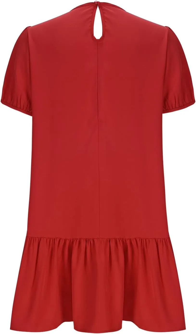 Women's 2025 Summer Boho Mini Dress Puff Short Sleeve Ruffle Hem Smock Dress Casual Round Neck Solid A-Line Sun Dress