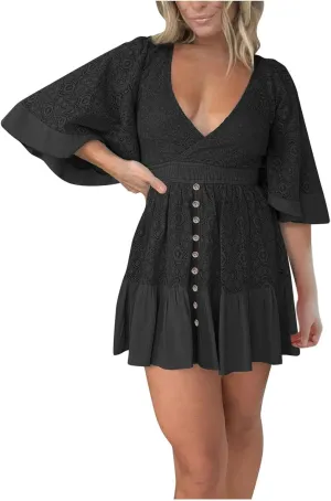 Womens 2025 Summer Short Dress Elegant Lace Wrap V Neck Batwing Sleeve Dress Casual Beach Party Mini Dresses