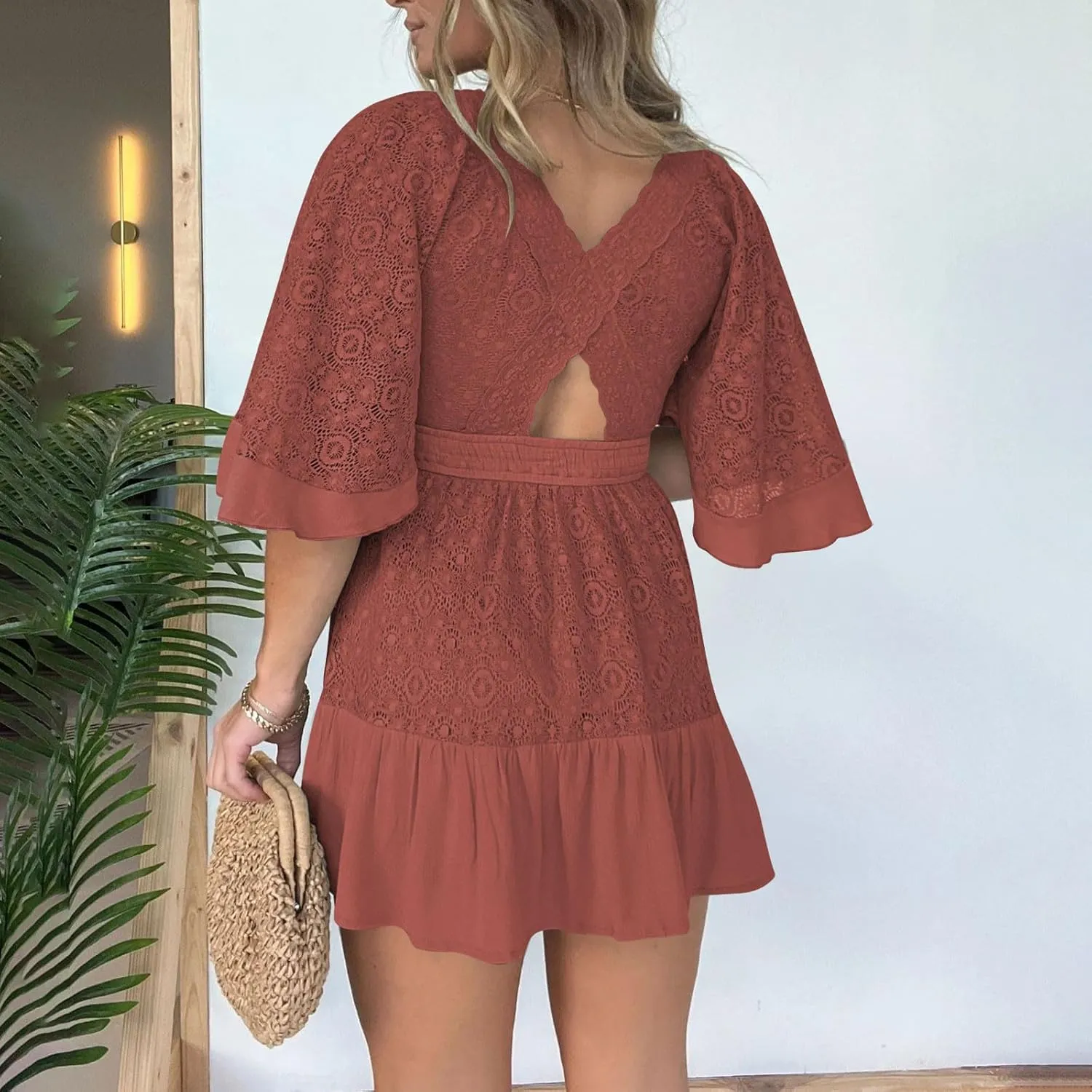 Womens 2025 Summer Short Dress Elegant Lace Wrap V Neck Batwing Sleeve Dress Casual Beach Party Mini Dresses