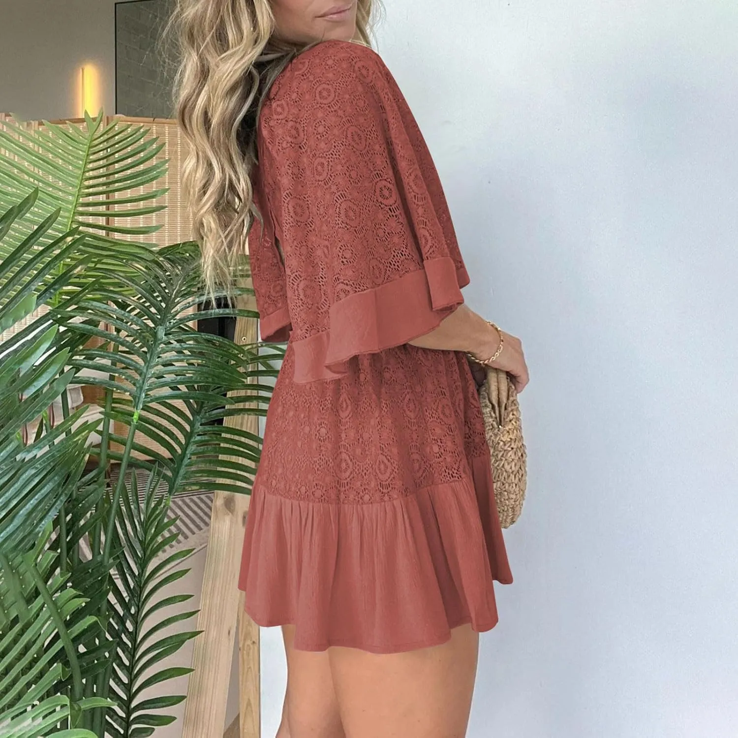 Womens 2025 Summer Short Dress Elegant Lace Wrap V Neck Batwing Sleeve Dress Casual Beach Party Mini Dresses