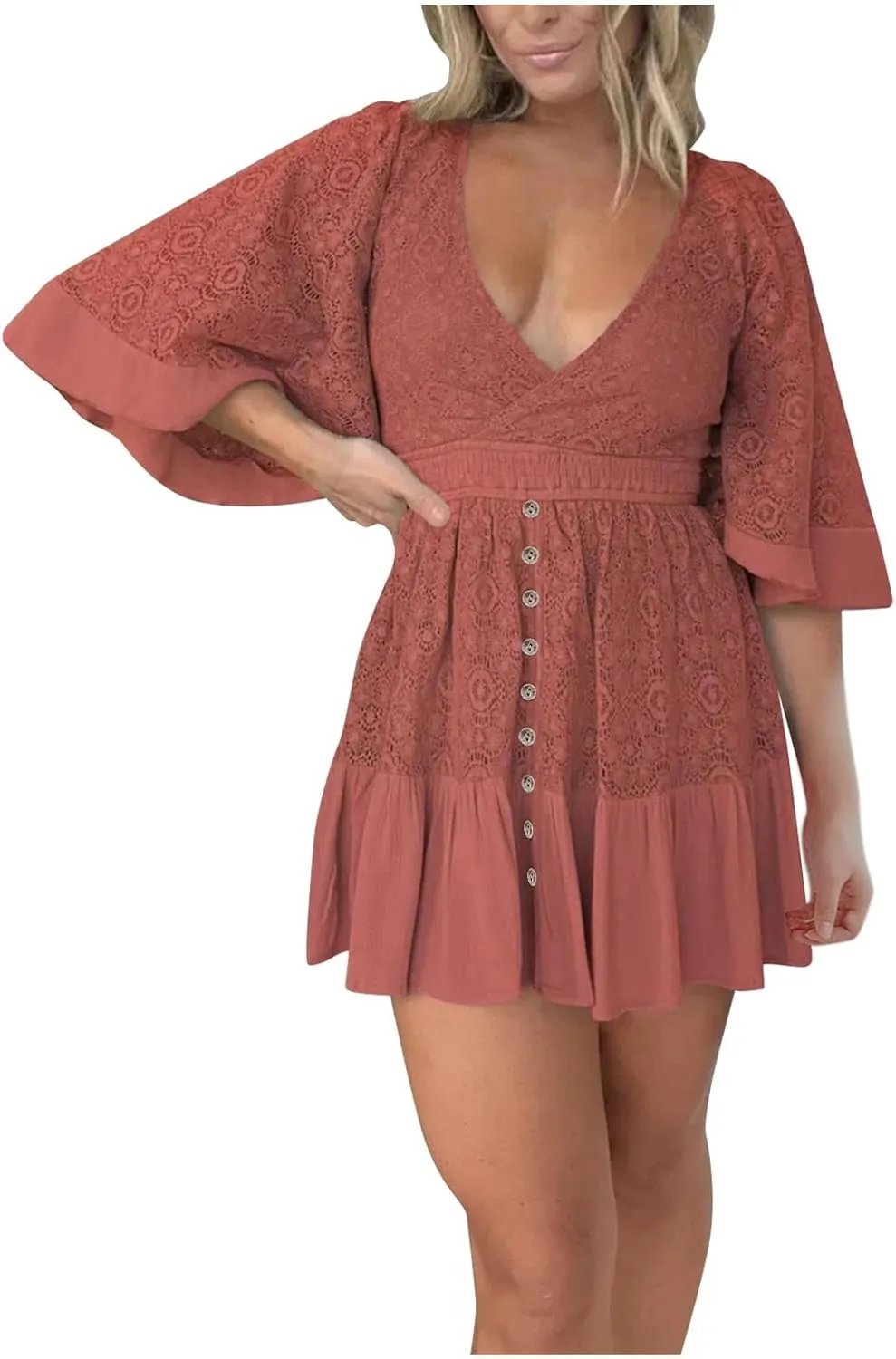 Womens 2025 Summer Short Dress Elegant Lace Wrap V Neck Batwing Sleeve Dress Casual Beach Party Mini Dresses