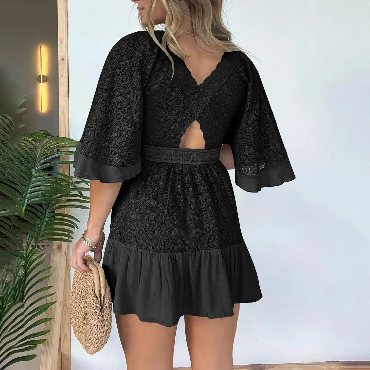 Womens 2025 Summer Short Dress Elegant Lace Wrap V Neck Batwing Sleeve Dress Casual Beach Party Mini Dresses