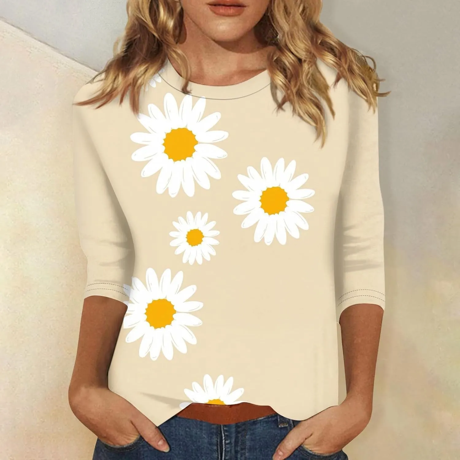 Womens 3/4 Length Sleeve Summer Shirts Floral Boho Blouses Tshirts Trendy Dressy Casual Tops Vacation 2024 Clothing