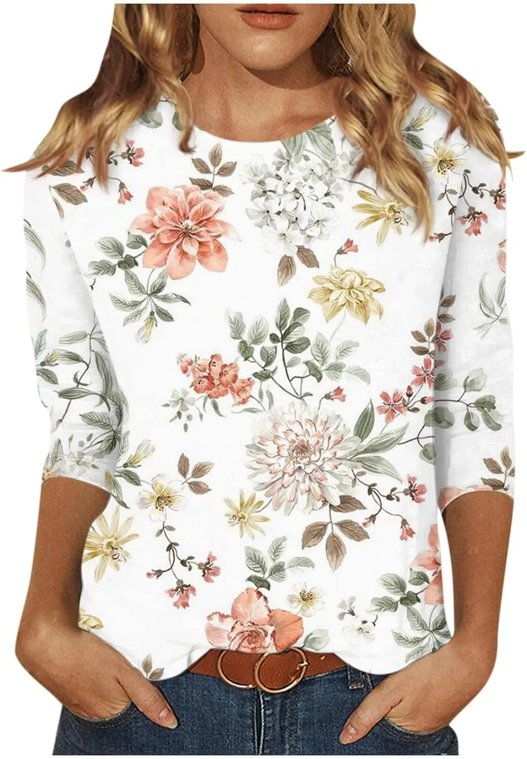 Womens 3/4 Length Sleeve Summer Shirts Floral Boho Blouses Tshirts Trendy Dressy Casual Tops Vacation 2024 Clothing
